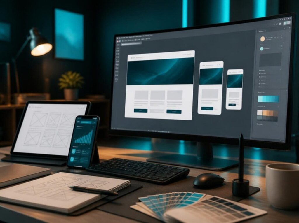 Estúdio de criação com site responsivo em construção e redes sociais