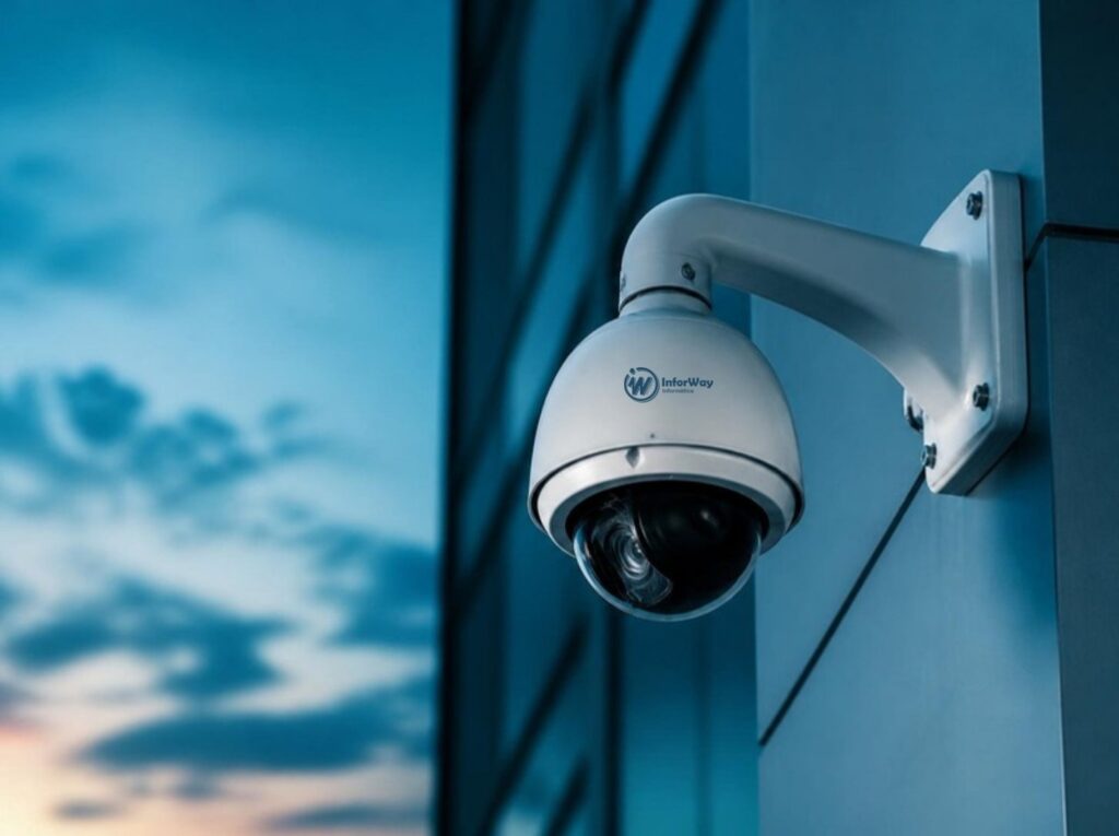 Câmera speed dome InforWay instalada na fachada de prédio comercial