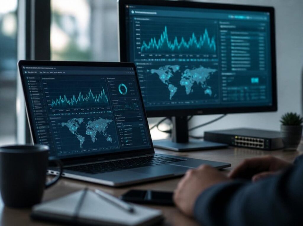 Notebook e monitor com painel de monitoramento de TI